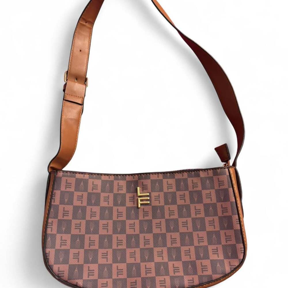 London Fog Monogram Cognac and Brown Faux Leather Baguette Shoulder Bag